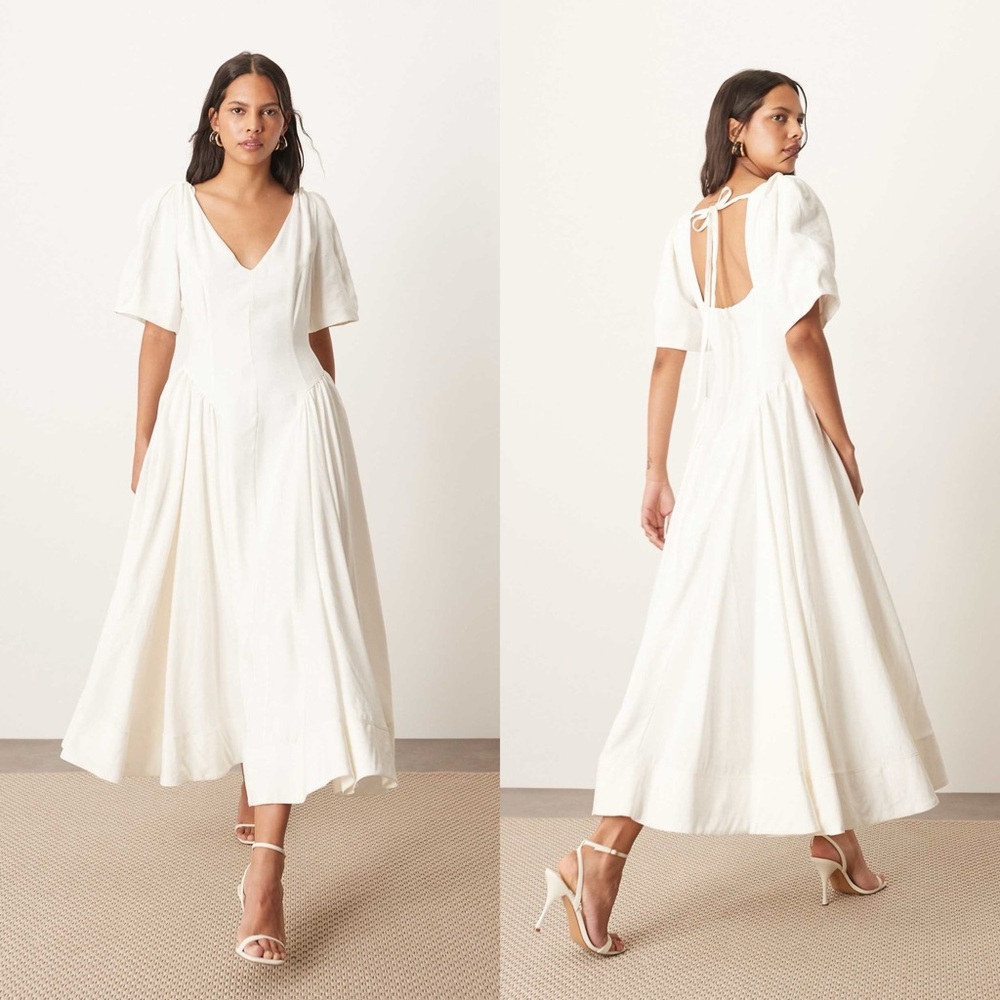 ARRANGE Premium Linen Look Twisted Shoulder Midi Dress White Size 8 $239